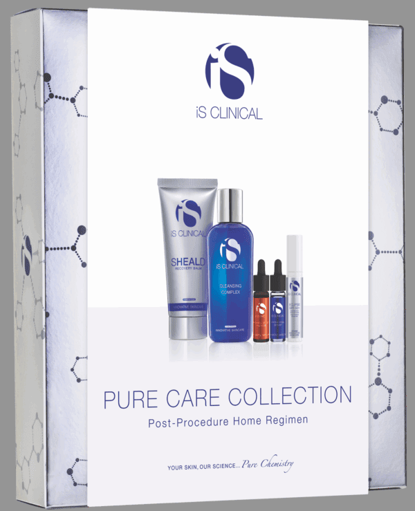 A box labeled "Pure Care Collection - Post Procedure Home Regimen" displays five skincare items—tubes, bottles, and droppers—on a white background with a gray side panel featuring molecular structures.